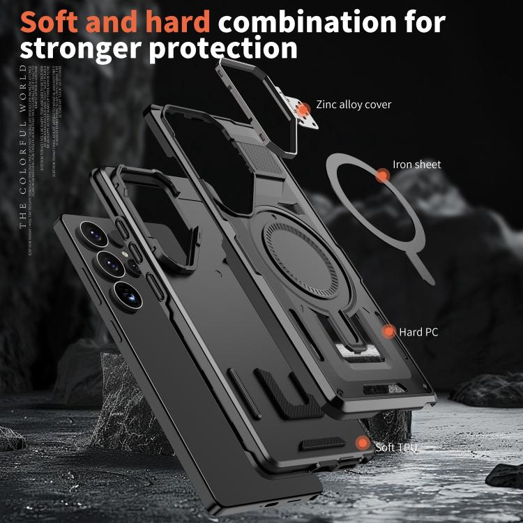 For Samsung Galaxy S25 5G Shield Hollow Frame Holder MagSafe Phone Case