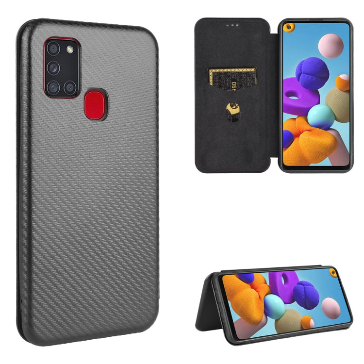 For Samsung Galaxy A21s Carbon Fiber Texture Horizontal Flip TPU + PC + PU Leather Case with Card Slot