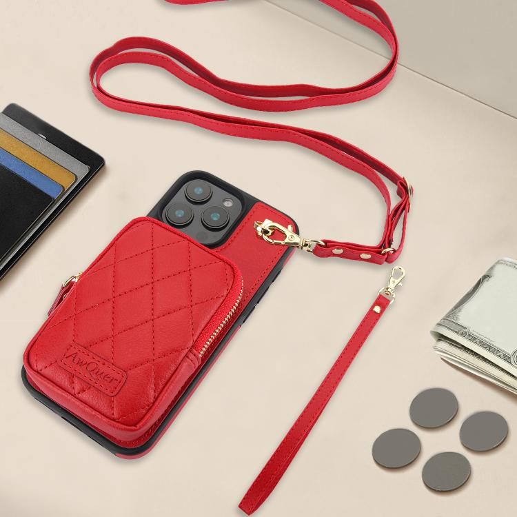 For iPhone 16 Pro Max AwQuer Crossbody Zipper Wallet Bag Litchi Leather Phone Case