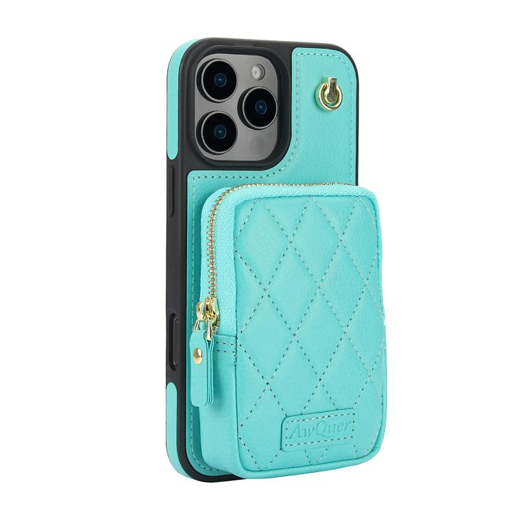 For iPhone 16 Pro Max AwQuer Crossbody Zipper Wallet Bag Litchi Leather Phone Case