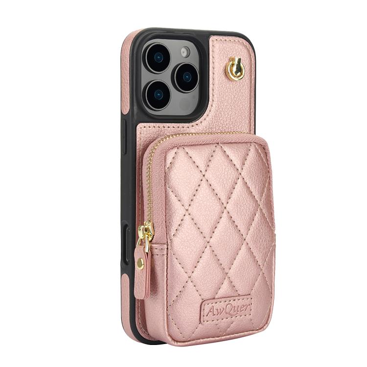 For iPhone 16 Pro Max AwQuer Crossbody Zipper Wallet Bag Litchi Leather Phone Case