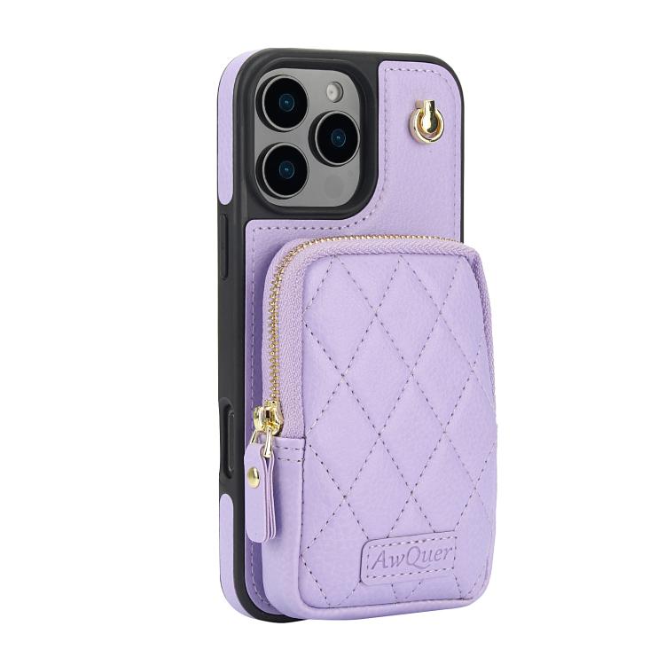 For iPhone 16 Pro Max AwQuer Crossbody Zipper Wallet Bag Litchi Leather Phone Case