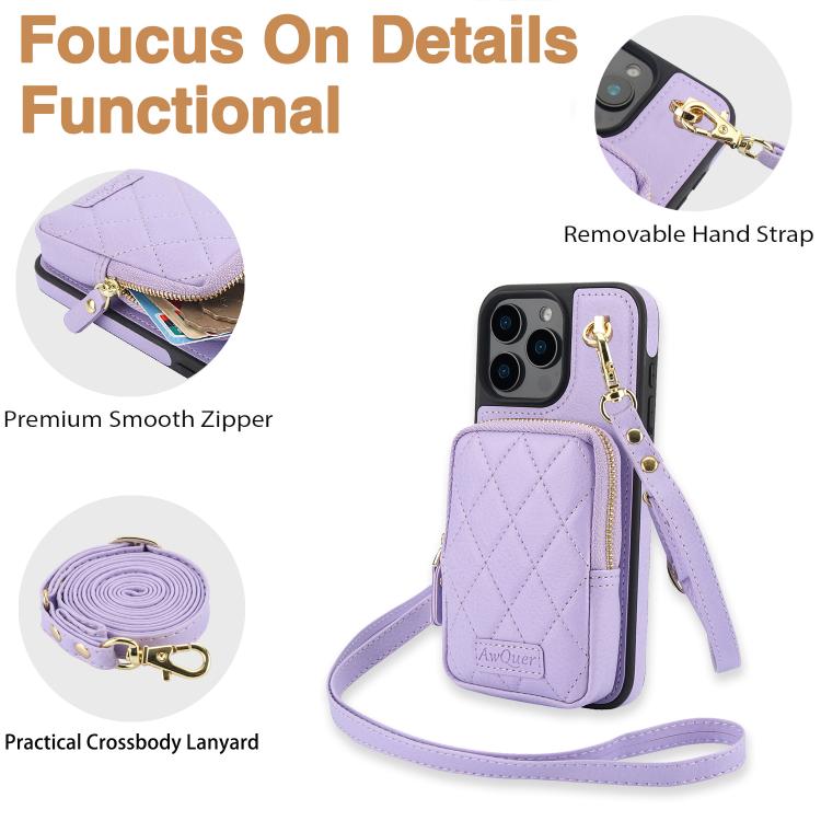 For iPhone 16 Pro Max AwQuer Crossbody Zipper Wallet Bag Litchi Leather Phone Case