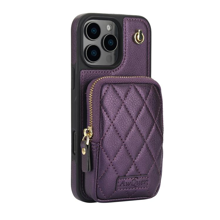 For iPhone 16 Pro Max AwQuer Crossbody Zipper Wallet Bag Litchi Leather Phone Case