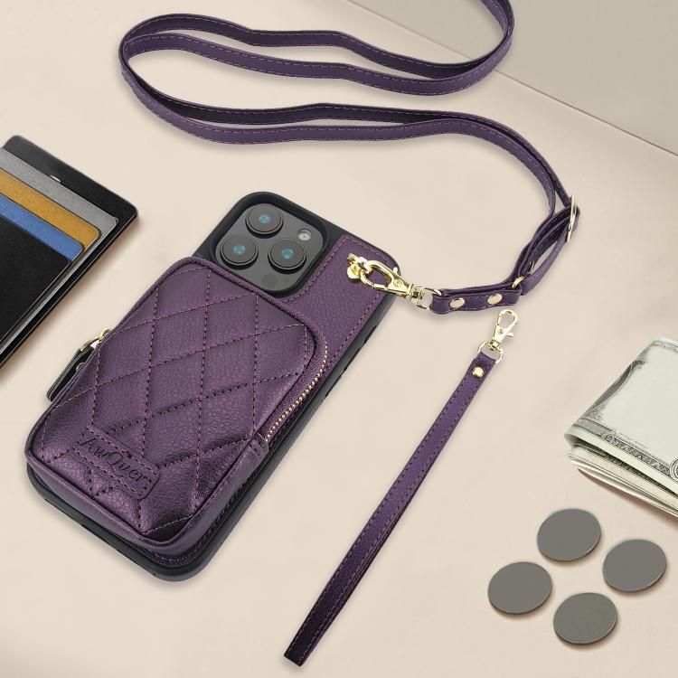 For iPhone 16 Pro Max AwQuer Crossbody Zipper Wallet Bag Litchi Leather Phone Case