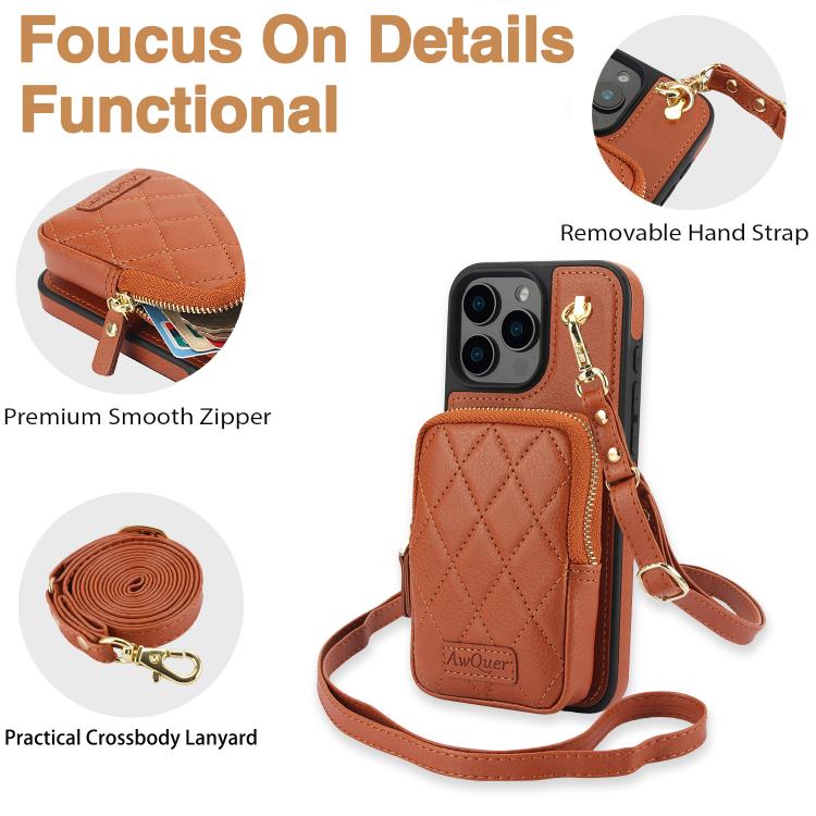 For iPhone 16 Pro Max AwQuer Crossbody Zipper Wallet Bag Litchi Leather Phone Case