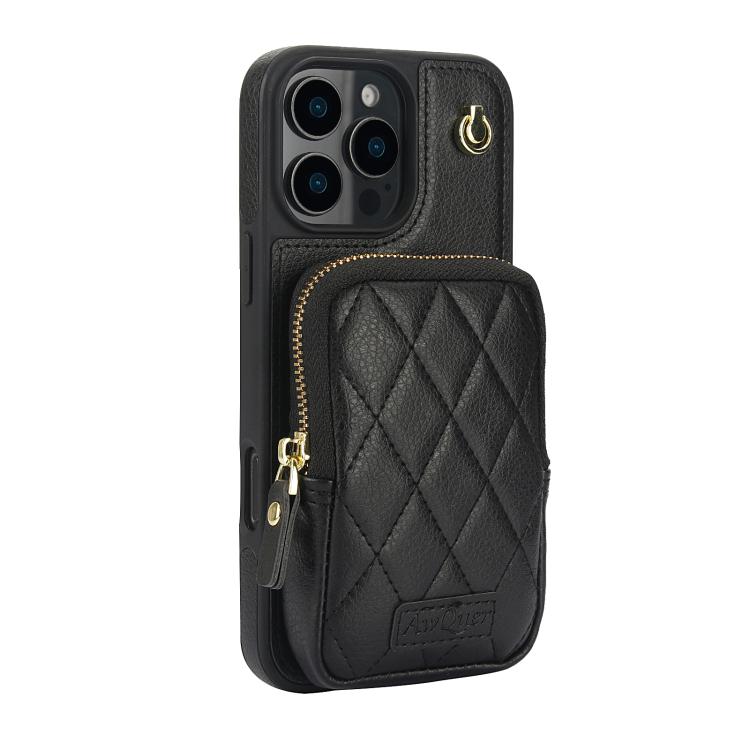 For iPhone 16 Pro AwQuer Crossbody Zipper Wallet Bag Litchi Leather Phone Case