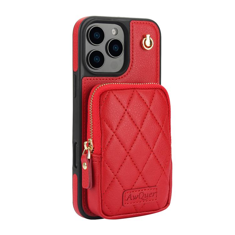 For iPhone 16 Pro AwQuer Crossbody Zipper Wallet Bag Litchi Leather Phone Case