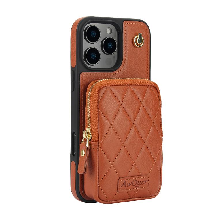 For iPhone 16 Pro AwQuer Crossbody Zipper Wallet Bag Litchi Leather Phone Case