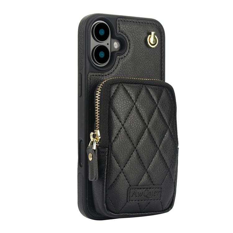For iPhone 16 Plus AwQuer Crossbody Zipper Wallet Bag Litchi Leather Phone Case