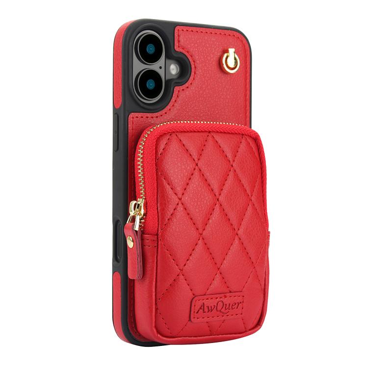 For iPhone 16 Plus AwQuer Crossbody Zipper Wallet Bag Litchi Leather Phone Case