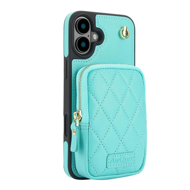 For iPhone 16 Plus AwQuer Crossbody Zipper Wallet Bag Litchi Leather Phone Case