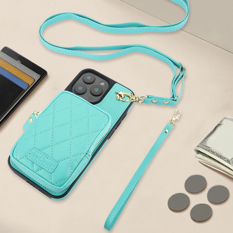 For iPhone 16 Plus AwQuer Crossbody Zipper Wallet Bag Litchi Leather Phone Case