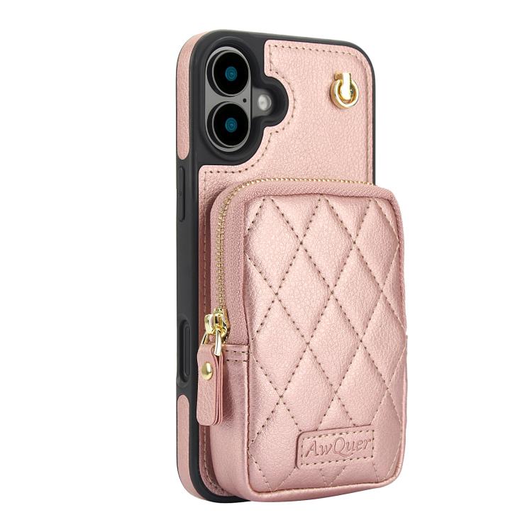 For iPhone 16 Plus AwQuer Crossbody Zipper Wallet Bag Litchi Leather Phone Case
