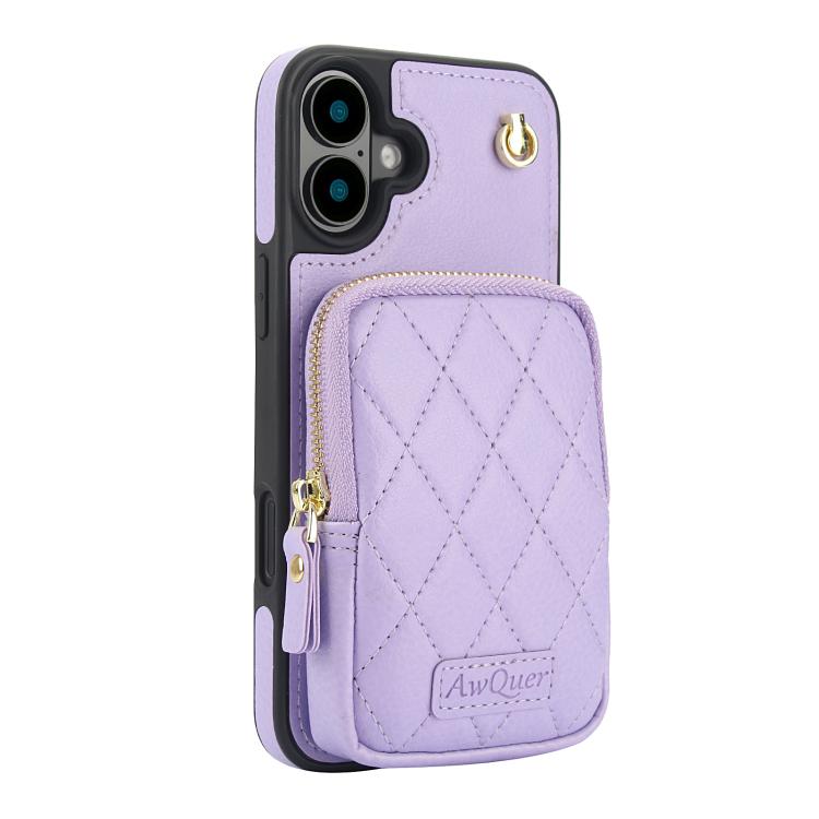 For iPhone 16 Plus AwQuer Crossbody Zipper Wallet Bag Litchi Leather Phone Case