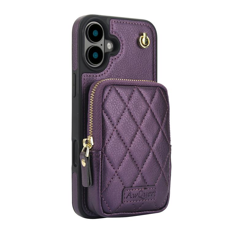 For iPhone 16 Plus AwQuer Crossbody Zipper Wallet Bag Litchi Leather Phone Case