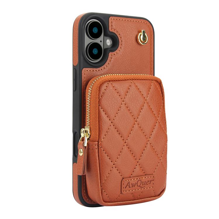 For iPhone 16 Plus AwQuer Crossbody Zipper Wallet Bag Litchi Leather Phone Case
