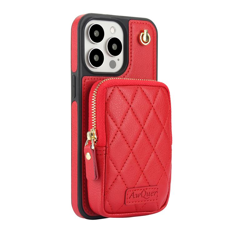 For iPhone 15 Pro Max AwQuer Crossbody Zipper Wallet Bag Litchi Leather Phone Case