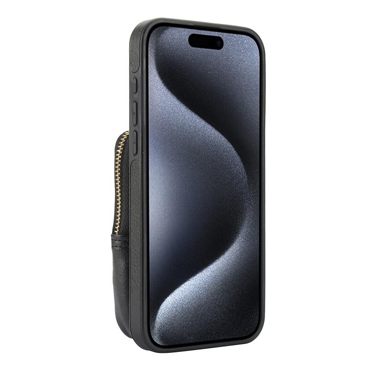 For iPhone 15 Pro AwQuer Crossbody Zipper Wallet Bag Litchi Leather Phone Case