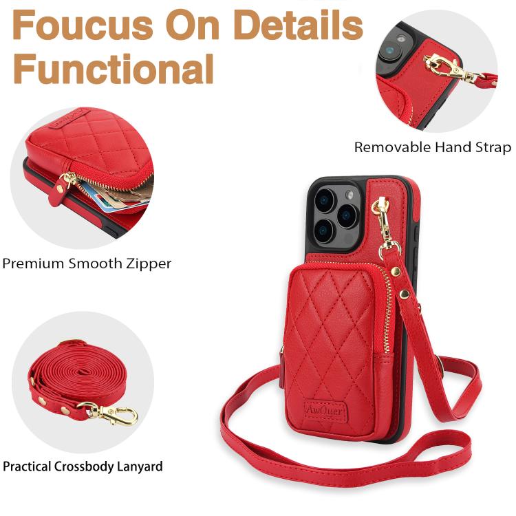 For iPhone 15 Pro AwQuer Crossbody Zipper Wallet Bag Litchi Leather Phone Case