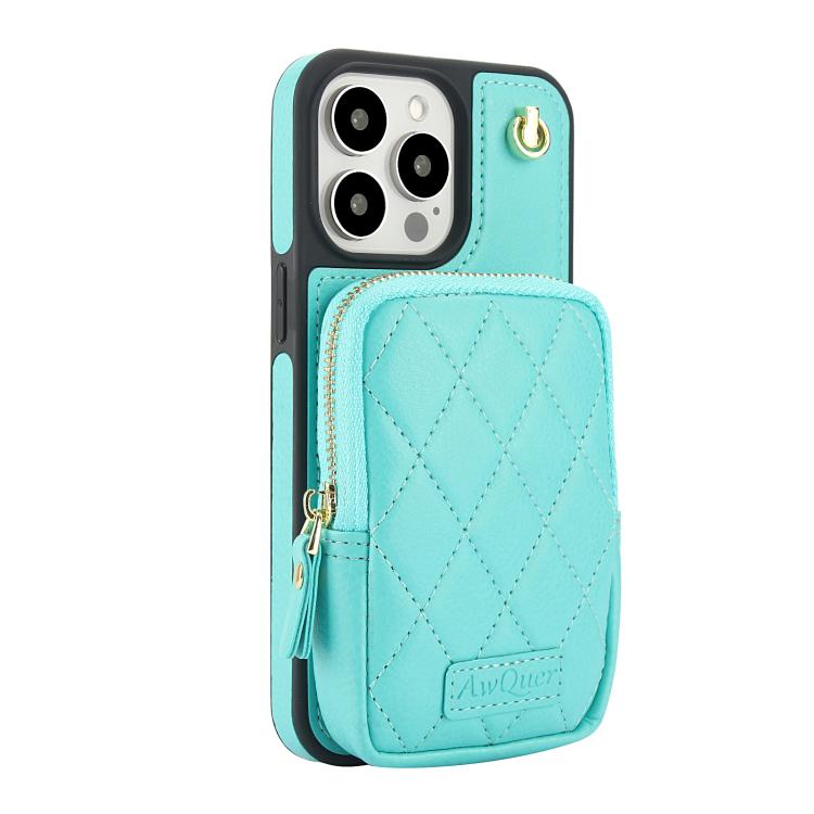 For iPhone 15 Pro AwQuer Crossbody Zipper Wallet Bag Litchi Leather Phone Case