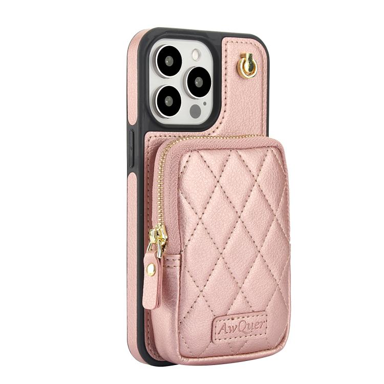For iPhone 15 Pro AwQuer Crossbody Zipper Wallet Bag Litchi Leather Phone Case