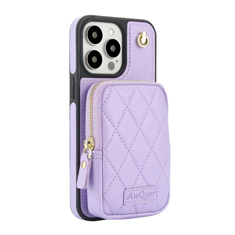 For iPhone 15 Pro AwQuer Crossbody Zipper Wallet Bag Litchi Leather Phone Case
