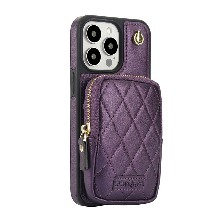 For iPhone 15 Pro AwQuer Crossbody Zipper Wallet Bag Litchi Leather Phone Case
