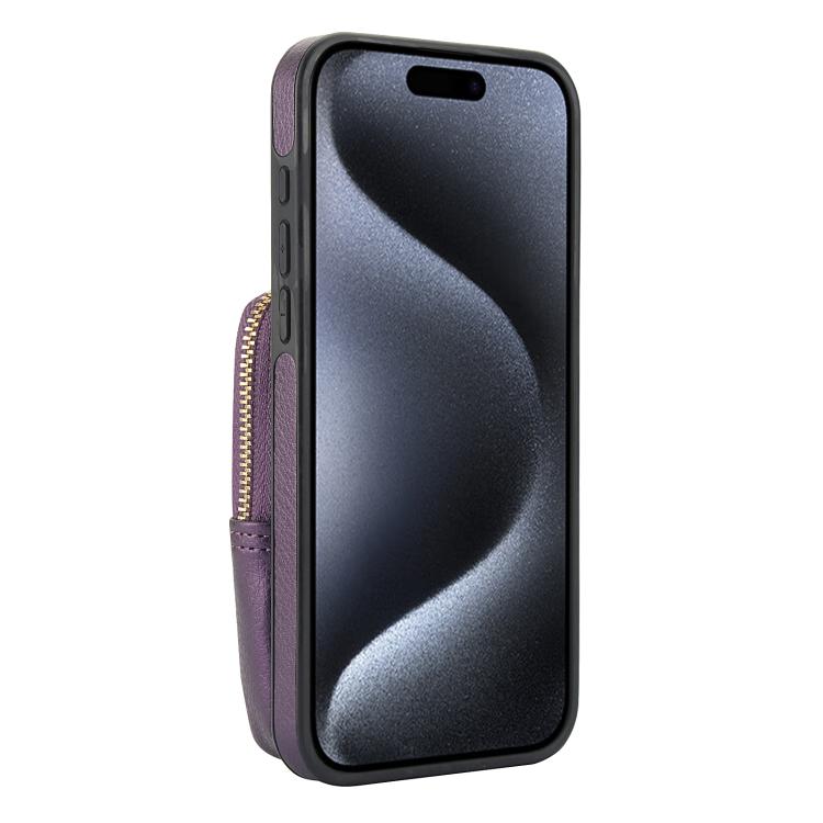 For iPhone 15 Pro AwQuer Crossbody Zipper Wallet Bag Litchi Leather Phone Case