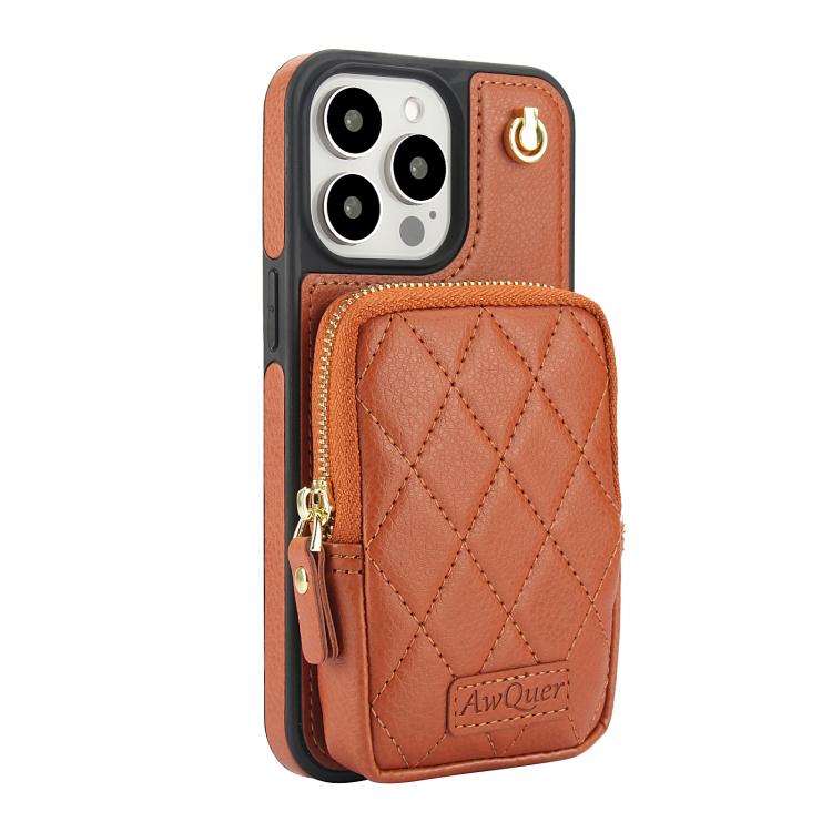 For iPhone 15 Pro AwQuer Crossbody Zipper Wallet Bag Litchi Leather Phone Case