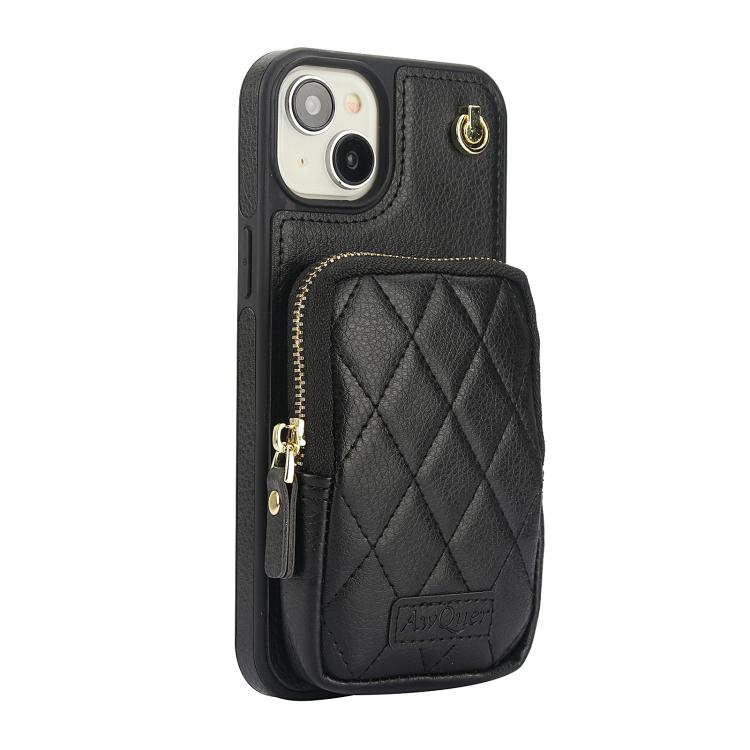 For iPhone 15 Plus AwQuer Crossbody Zipper Wallet Bag Litchi Leather Phone Case