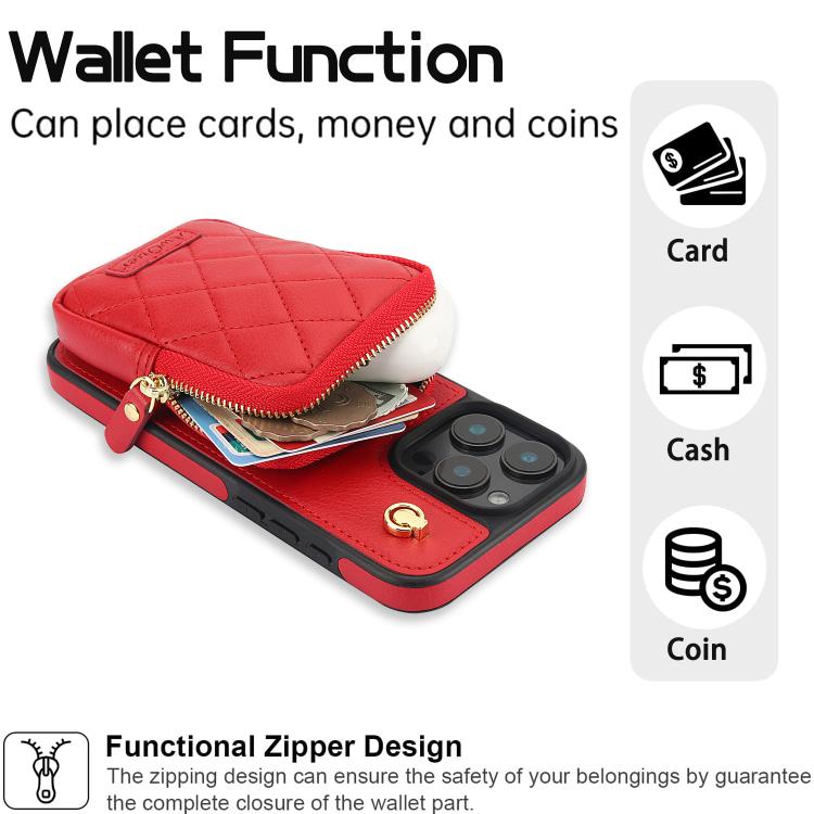 For iPhone 15 Plus AwQuer Crossbody Zipper Wallet Bag Litchi Leather Phone Case