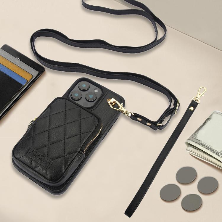 For iPhone 15 AwQuer Crossbody Zipper Wallet Bag Litchi Leather Phone Case