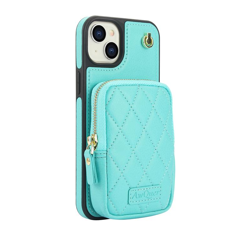 For iPhone 15 AwQuer Crossbody Zipper Wallet Bag Litchi Leather Phone Case