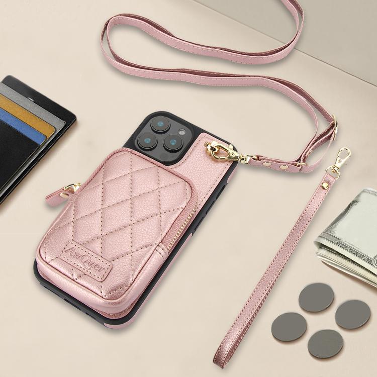 For iPhone 15 AwQuer Crossbody Zipper Wallet Bag Litchi Leather Phone Case