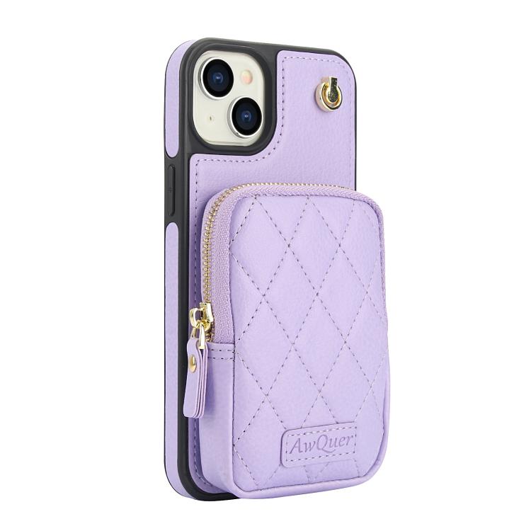 For iPhone 15 AwQuer Crossbody Zipper Wallet Bag Litchi Leather Phone Case