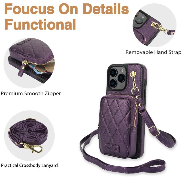 For iPhone 15 AwQuer Crossbody Zipper Wallet Bag Litchi Leather Phone Case