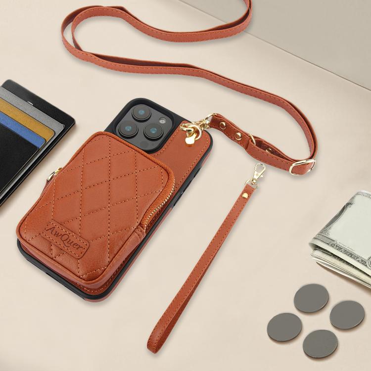 For iPhone 15 AwQuer Crossbody Zipper Wallet Bag Litchi Leather Phone Case