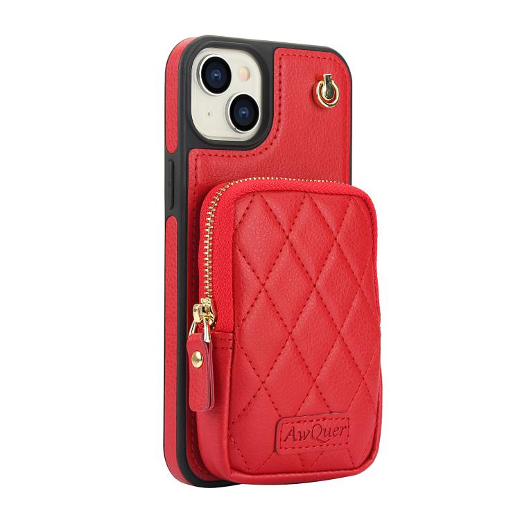 For iPhone 14 Plus AwQuer Crossbody Zipper Wallet Bag Litchi Leather Phone Case