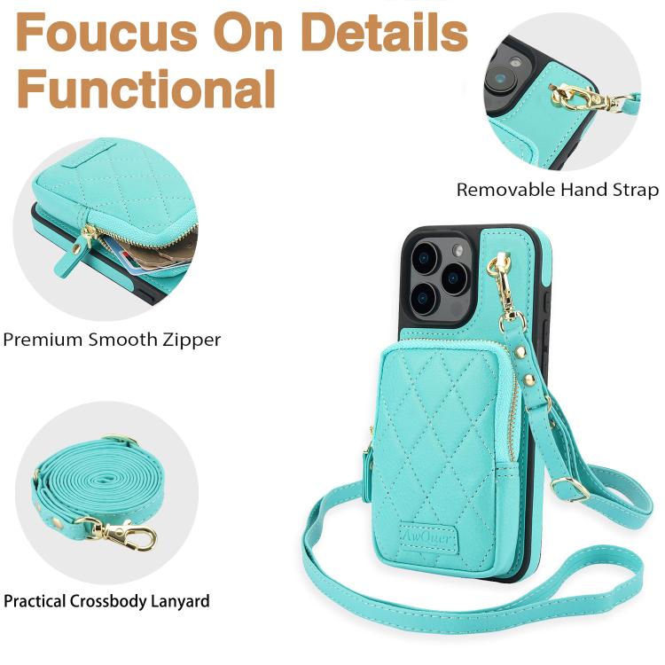 For iPhone 14 Plus AwQuer Crossbody Zipper Wallet Bag Litchi Leather Phone Case