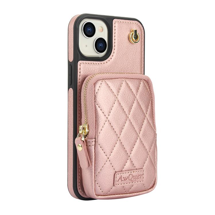 For iPhone 14 Plus AwQuer Crossbody Zipper Wallet Bag Litchi Leather Phone Case