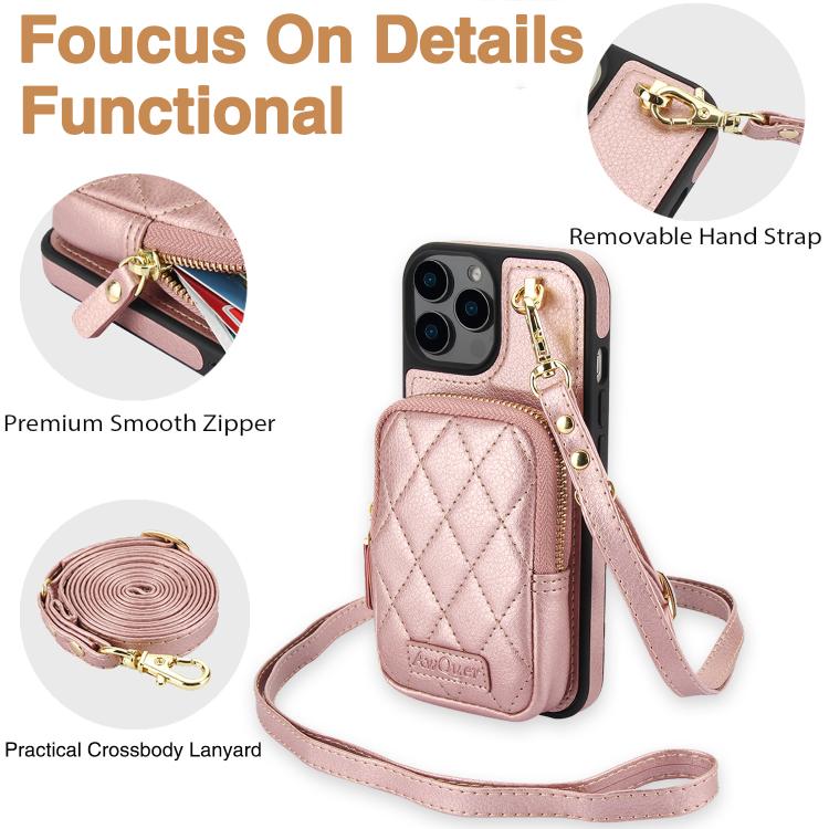 For iPhone 14 Plus AwQuer Crossbody Zipper Wallet Bag Litchi Leather Phone Case