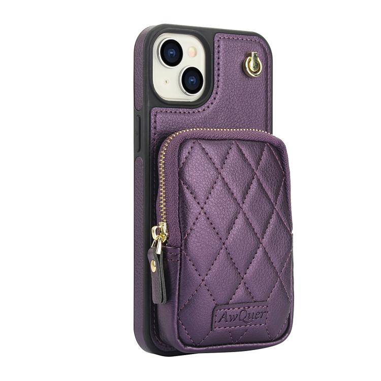 For iPhone 14 Plus AwQuer Crossbody Zipper Wallet Bag Litchi Leather Phone Case