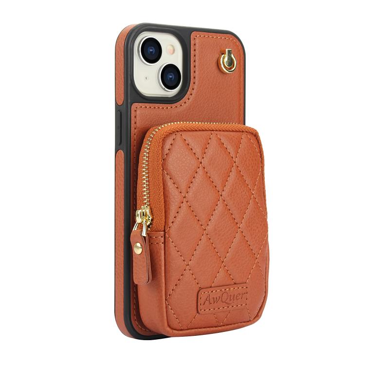For iPhone 14 Plus AwQuer Crossbody Zipper Wallet Bag Litchi Leather Phone Case