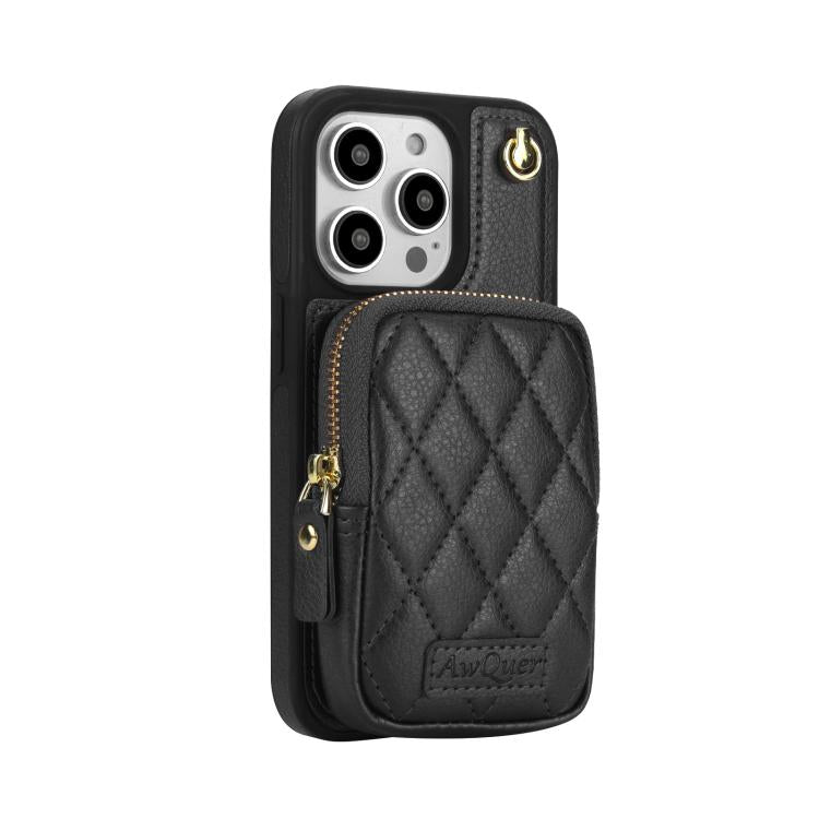 For iPhone 14 Pro Max AwQuer Crossbody Zipper Wallet Bag Litchi Leather Phone Case