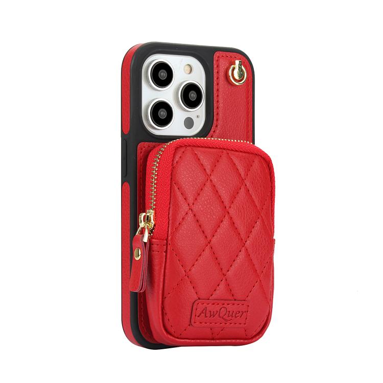 For iPhone 14 Pro Max AwQuer Crossbody Zipper Wallet Bag Litchi Leather Phone Case