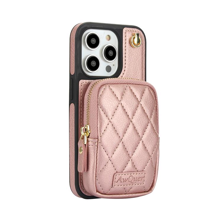 For iPhone 14 Pro Max AwQuer Crossbody Zipper Wallet Bag Litchi Leather Phone Case