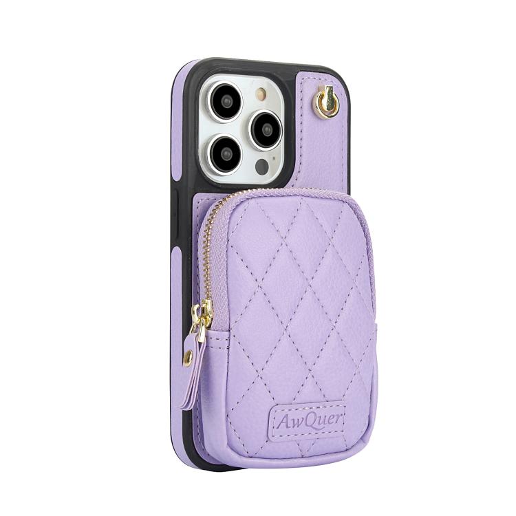 For iPhone 14 Pro Max AwQuer Crossbody Zipper Wallet Bag Litchi Leather Phone Case