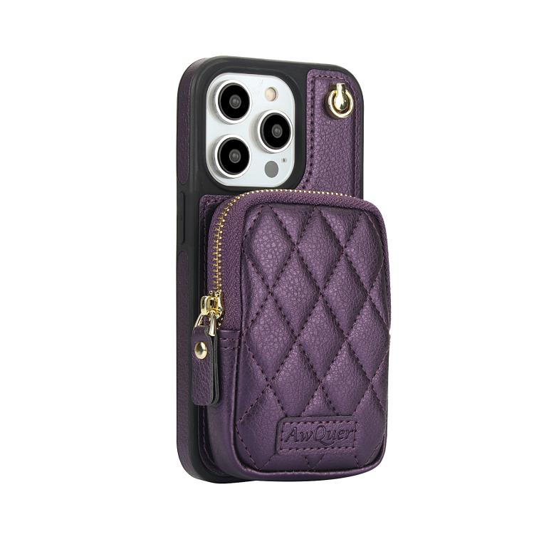 For iPhone 14 Pro Max AwQuer Crossbody Zipper Wallet Bag Litchi Leather Phone Case