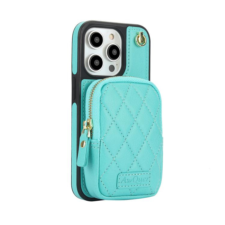 For iPhone 13 Pro AwQuer Crossbody Zipper Wallet Bag Litchi Leather Phone Case